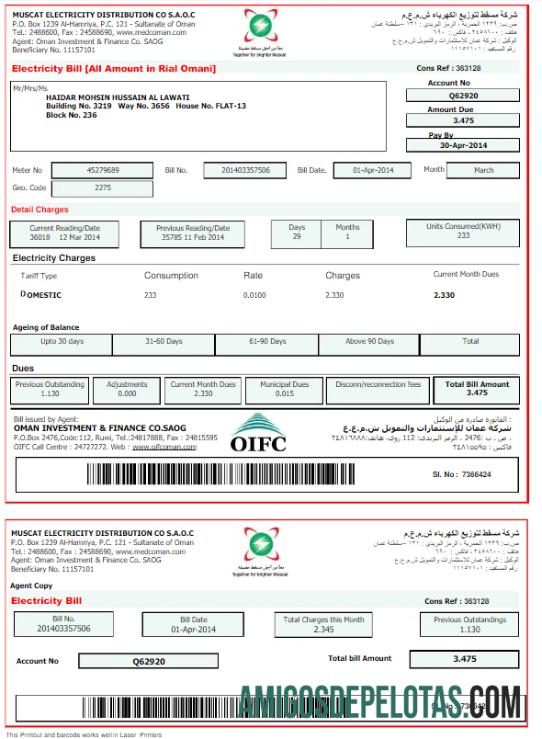imprimível Modelo Word e PDF para conta de serviços públicos de eletricidade de Omã Muscat